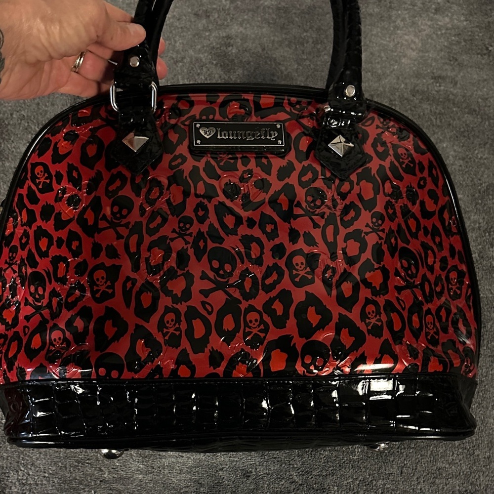 LOUNGEFLY Leopard Skull Embossed Dome Double Zipper Satchel Bag Purse Punk Goth